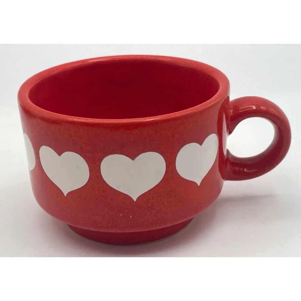 Vintage Red Heart Waechtersbach 4 Tea Cups & 3 Saucers Stackable Retired MINT
